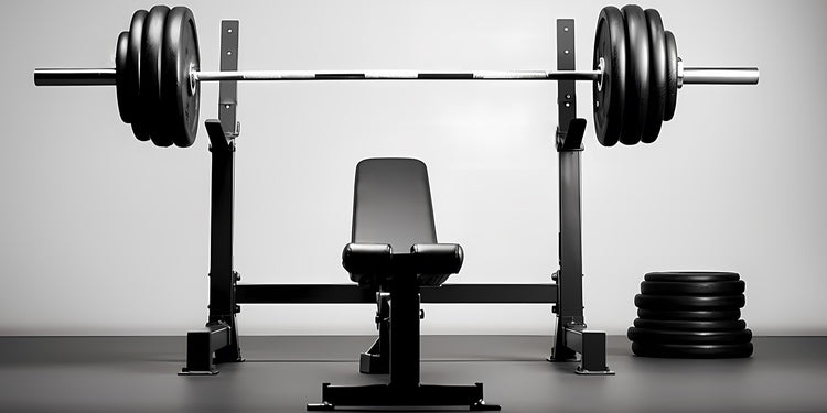 A weightlifting setup with a bench, barbell and weight plates.