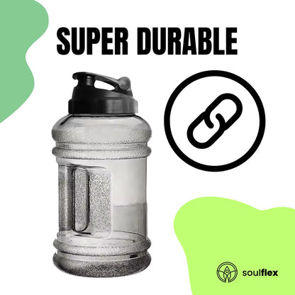 A large 2.5-liter water bottle made of durable, clear plastic with a sturdy handle on the side for easy carrying. 