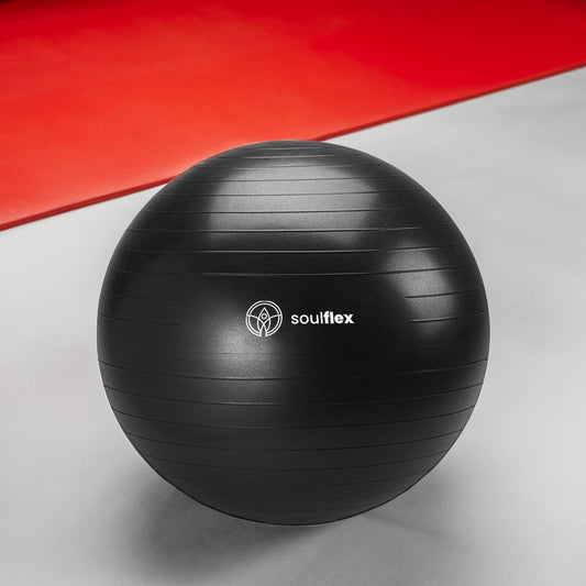 Soulflex Anti-Burst Gym Ball for men and women, 75cm fitness ball with extra-thick, burst-proof construction. Exercise ball with non-slip surface for balance and stability. Versatile uses include as a birthing ball, balance ball, or ball chair. Made from premium, eco-friendly materials for durability and safety in home and gym workouts. Includes foot pump for easy inflation.