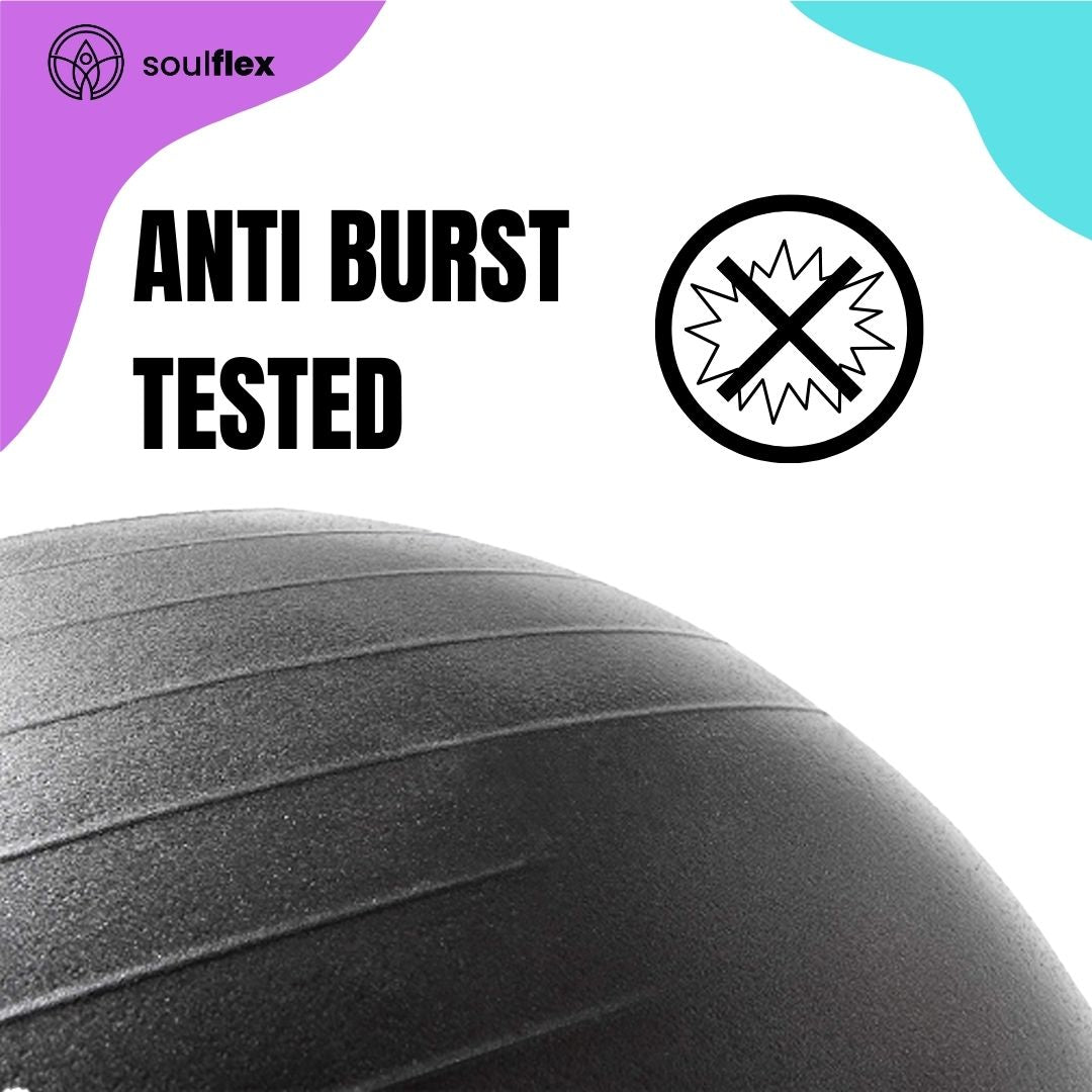 Soulflex Anti-Burst Gym Ball for men and women, 75cm fitness ball with extra-thick, burst-proof construction. Exercise ball with non-slip surface for balance and stability. Versatile uses include as a birthing ball, balance ball, or ball chair. Made from premium, eco-friendly materials for durability and safety in home and gym workouts. Includes foot pump for easy inflation.