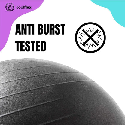 Soulflex Anti-Burst Gym Ball for men and women, 75cm fitness ball with extra-thick, burst-proof construction. Exercise ball with non-slip surface for balance and stability. Versatile uses include as a birthing ball, balance ball, or ball chair. Made from premium, eco-friendly materials for durability and safety in home and gym workouts. Includes foot pump for easy inflation.