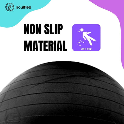 Soulflex Anti-Burst Gym Ball for men and women, 75cm fitness ball with extra-thick, burst-proof construction. Exercise ball with non-slip surface for balance and stability. Versatile uses include as a birthing ball, balance ball, or ball chair. Made from premium, eco-friendly materials for durability and safety in home and gym workouts. Includes foot pump for easy inflation.