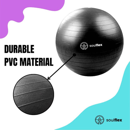 Soulflex Anti-Burst Gym Ball for men and women, 75cm fitness ball with extra-thick, burst-proof construction. Exercise ball with non-slip surface for balance and stability. Versatile uses include as a birthing ball, balance ball, or ball chair. Made from premium, eco-friendly materials for durability and safety in home and gym workouts. Includes foot pump for easy inflation.