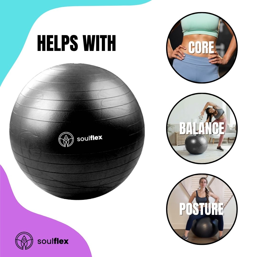 Soulflex Anti-Burst Gym Ball for men and women, 75cm fitness ball with extra-thick, burst-proof construction. Exercise ball with non-slip surface for balance and stability. Versatile uses include as a birthing ball, balance ball, or ball chair. Made from premium, eco-friendly materials for durability and safety in home and gym workouts. Includes foot pump for easy inflation.