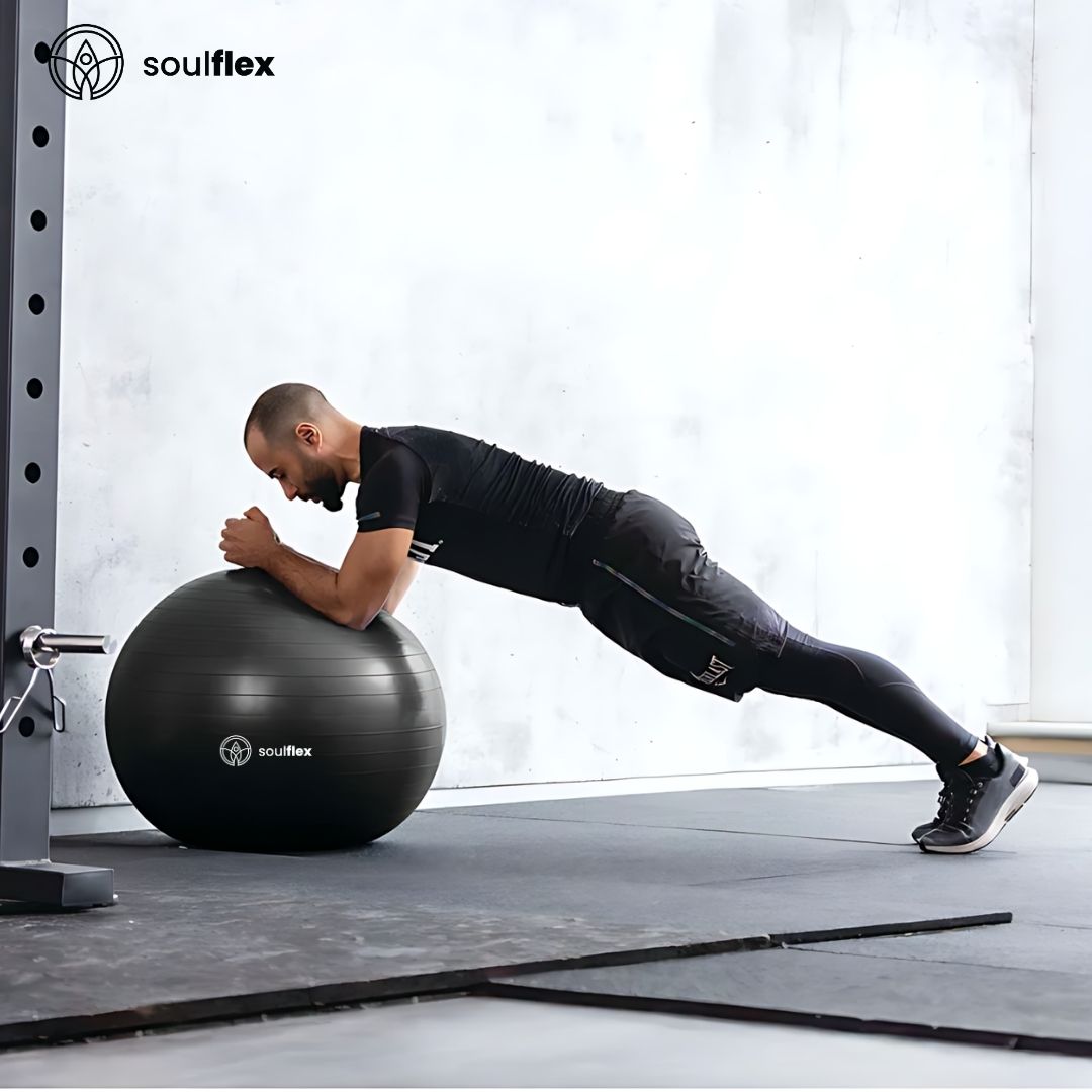 Soulflex Anti-Burst Gym Ball for men and women, 75cm fitness ball with extra-thick, burst-proof construction. Exercise ball with non-slip surface for balance and stability. Versatile uses include as a birthing ball, balance ball, or ball chair. Made from premium, eco-friendly materials for durability and safety in home and gym workouts. Includes foot pump for easy inflation.