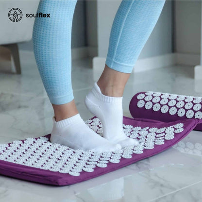 Soulflex Acupressure Mat & Pillow Set featuring an acupressure foot mat designed for pain and stress relief. Includes a yoga pad with spikes for physical therapy, trigger point release, and muscle relaxation. Ideal for enhancing yoga sessions, improving circulation, and reducing tension. Durable and effective for daily use in promoting overall well-being.