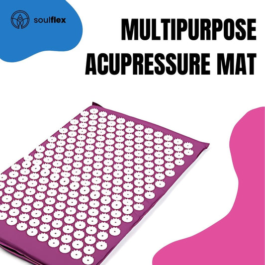 Soulflex Acupressure Mat & Pillow Set featuring an acupressure foot mat designed for pain and stress relief. Includes a yoga pad with spikes for physical therapy, trigger point release, and muscle relaxation. Ideal for enhancing yoga sessions, improving circulation, and reducing tension. Durable and effective for daily use in promoting overall well-being.