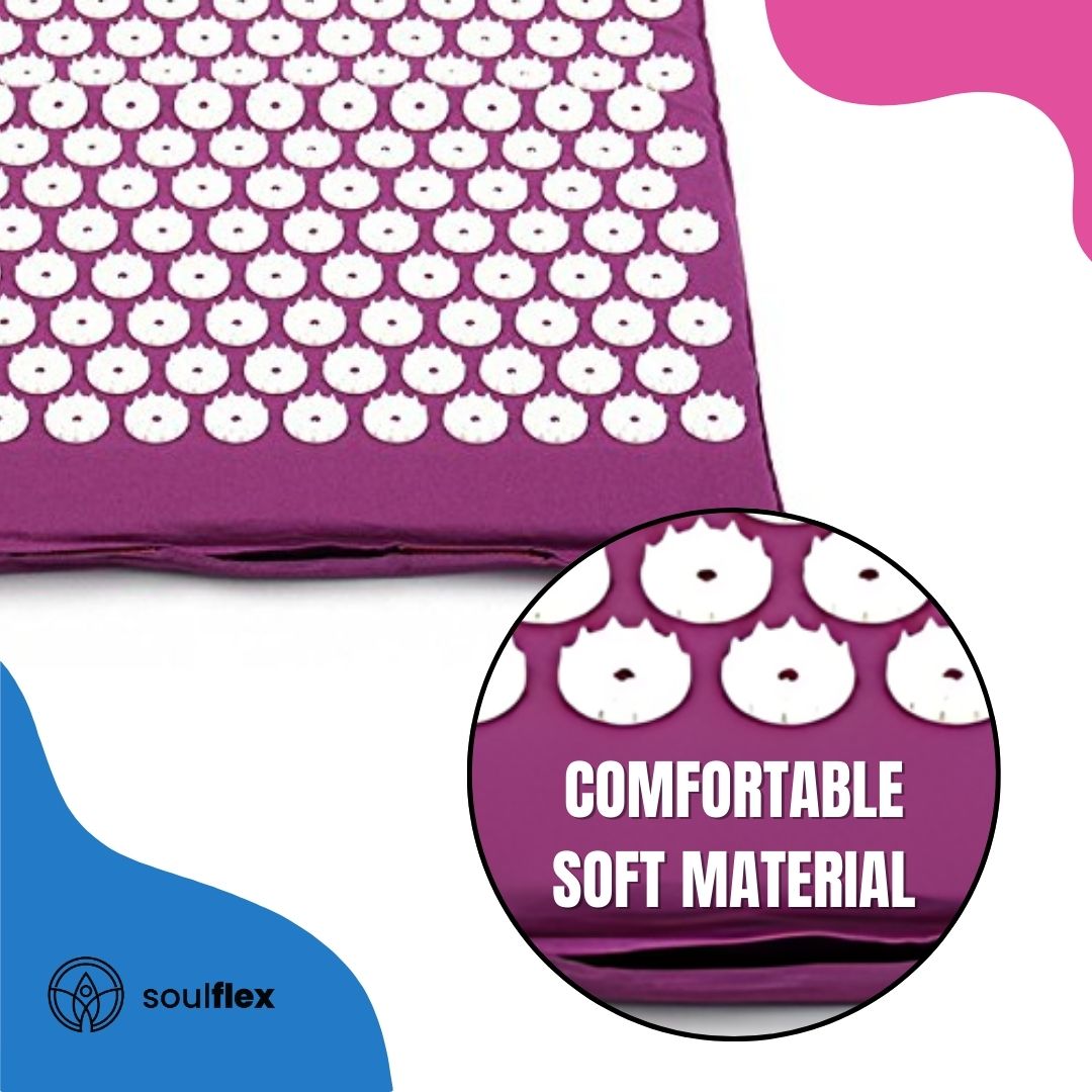 Soulflex Acupressure Mat & Pillow Set featuring an acupressure foot mat designed for pain and stress relief. Includes a yoga pad with spikes for physical therapy, trigger point release, and muscle relaxation. Ideal for enhancing yoga sessions, improving circulation, and reducing tension. Durable and effective for daily use in promoting overall well-being.