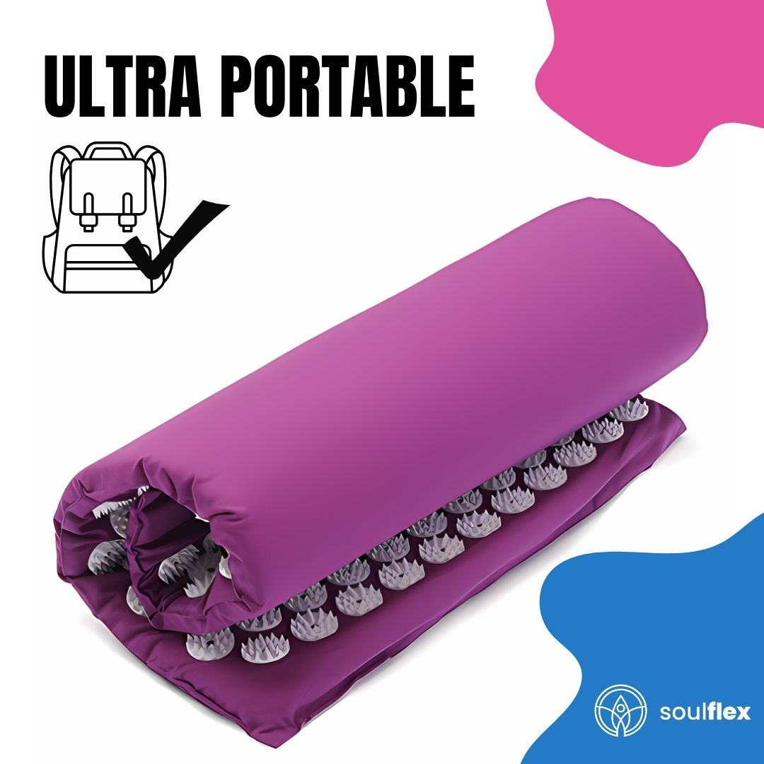 Soulflex Acupressure Mat & Pillow Set featuring an acupressure foot mat designed for pain and stress relief. Includes a yoga pad with spikes for physical therapy, trigger point release, and muscle relaxation. Ideal for enhancing yoga sessions, improving circulation, and reducing tension. Durable and effective for daily use in promoting overall well-being.