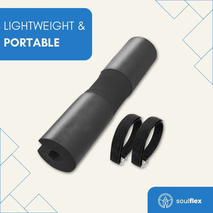 Black Soulflex Barbell Pad with ergonomic foam cushion, designed for squats and hip thrusts. Includes two straps for secure attachment to standard Olympic size barbells. Provides neck and shoulder support during heavy lifts, ensuring safety and comfort during workouts. Ideal for weightlifting, powerlifting, and strength training, offering durable protection against barbell pressure.