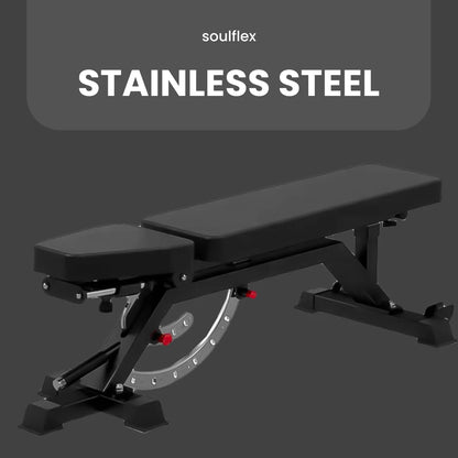 Soulflex Adjustable Bench for home and gym use, versatile exercise bench with flat and incline settings, detachable leg roller, weightlifting bench.