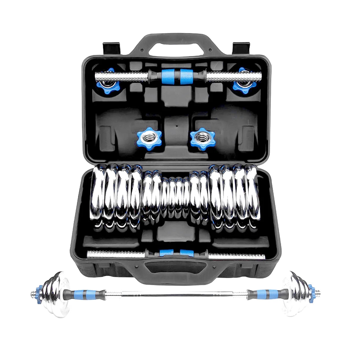 Soulflex 2-in-1 Dumbbell-Barbell Set, Adjustable Upto 20 Kgs, Cast Iron Weightlifting Kit with Chrome Electroplating, Neatly Packed in a Hard Shell Case for Easy Storage, Versatile Home and Gym Strength Training Equipment.