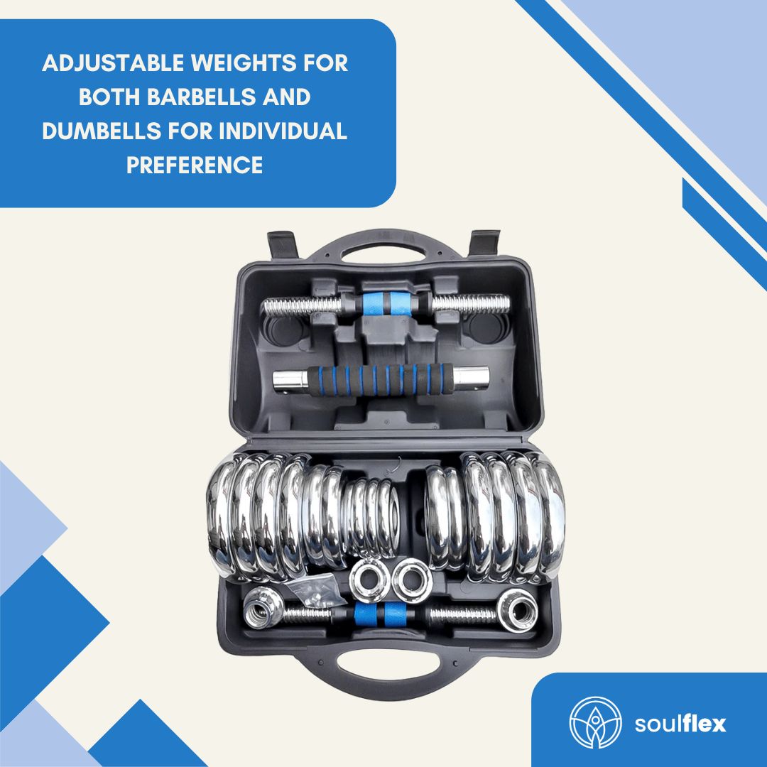 Soulflex 2-in-1 Dumbbell-Barbell Set, Adjustable Upto 20 Kgs, Cast Iron Weightlifting Kit with Chrome Electroplating, Neatly Packed in a Hard Shell Case for Easy Storage, Versatile Home and Gym Strength Training Equipment.