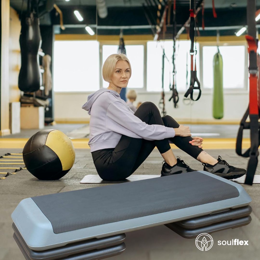 Soulflex Adjustable Aerobic Stepper, Premium Cardio Step Platform for Home and Gym Use, 10, 15, 20 cm Height Adjustment, Exercise and Fitness Step Box with 250 Kgs Max Load, Durable and Versatile Workout Equipment for Cardio and Strength Training.