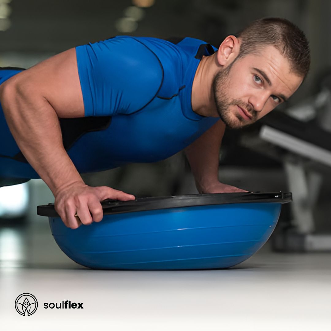 Soulflex Anti-Burst Classic Balance Ball, exercise ball with detachable resistance band. Anti-skid, extra-thick, and extra-durable gym balance ball for stability, strength training, and core workouts. Ideal for yoga, pilates, and full-body exercises.