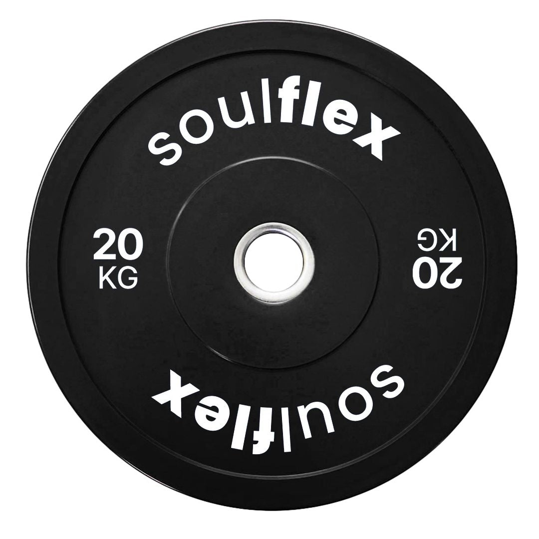 Soulflex Black Bumper Plates Set for Home & Gym Use, Rubber Weight Plates for Weightlifting, CrossFit & General Fitness, Olympic Rubber Bumper Plates with 50mm Collar Opening, Steel Disc, Raised Flanges, Premium Quality Weight Plates.