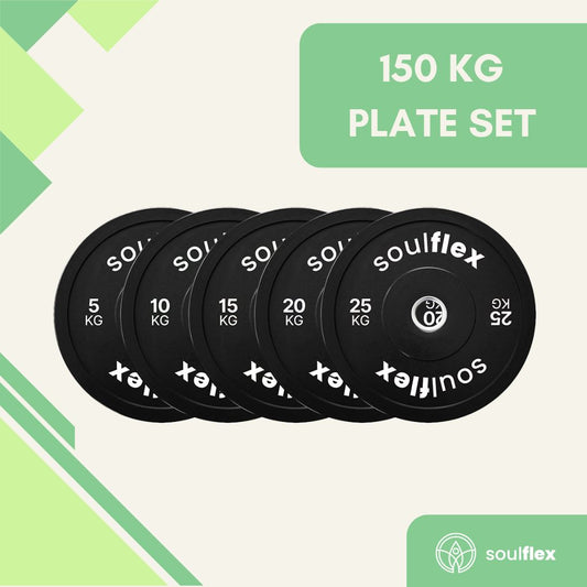 Soulflex Black Bumper Plates Set for Home & Gym Use, Rubber Weight Plates for Weightlifting, CrossFit & General Fitness, Olympic Rubber Bumper Plates with 50mm Collar Opening, Steel Disc, Raised Flanges, Premium Quality Weight Plates.