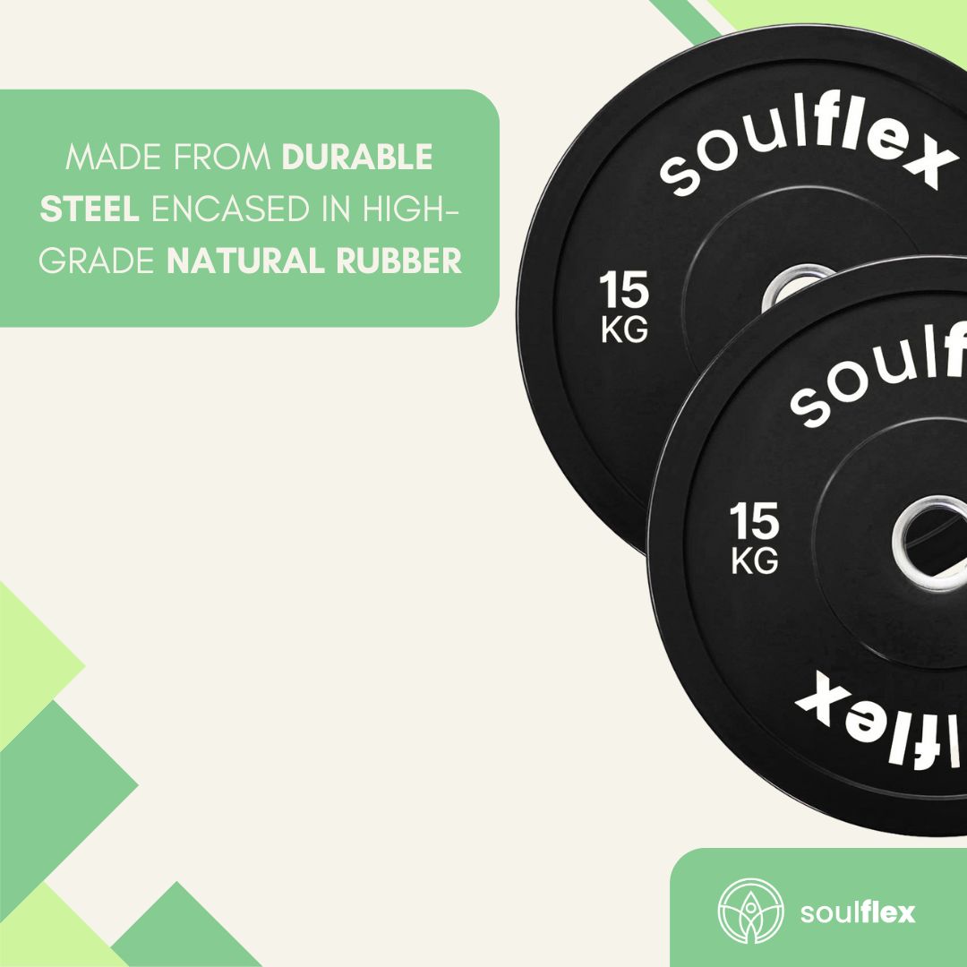 Soulflex Black Bumper Plates Set for Home & Gym Use, Rubber Weight Plates for Weightlifting, CrossFit & General Fitness, Olympic Rubber Bumper Plates with 50mm Collar Opening, Steel Disc, Raised Flanges, Premium Quality Weight Plates.