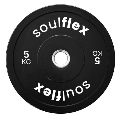 Soulflex Black Bumper Plates Set for Home & Gym Use, Rubber Weight Plates for Weightlifting, CrossFit & General Fitness, Olympic Rubber Bumper Plates with 50mm Collar Opening, Steel Disc, Raised Flanges, Premium Quality Weight Plates.