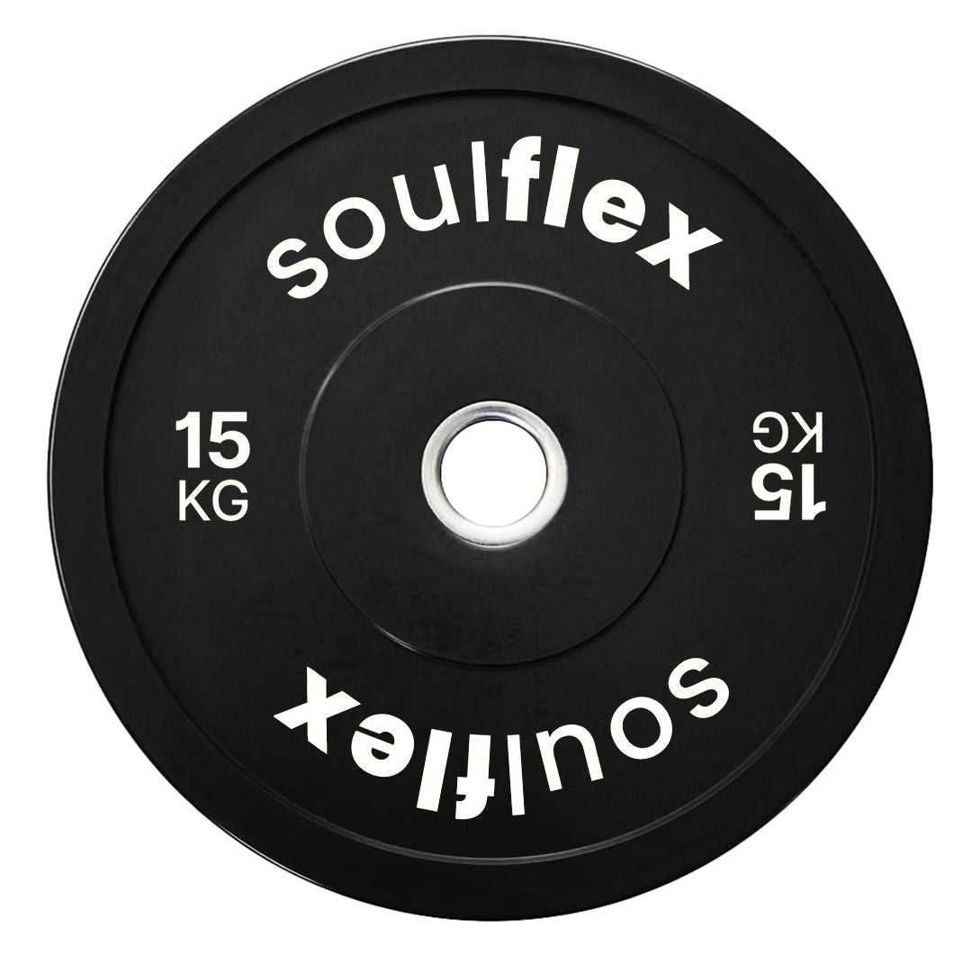 Soulflex Black Bumper Plates Set for Home & Gym Use, Rubber Weight Plates for Weightlifting, CrossFit & General Fitness, Olympic Rubber Bumper Plates with 50mm Collar Opening, Steel Disc, Raised Flanges, Premium Quality Weight Plates.