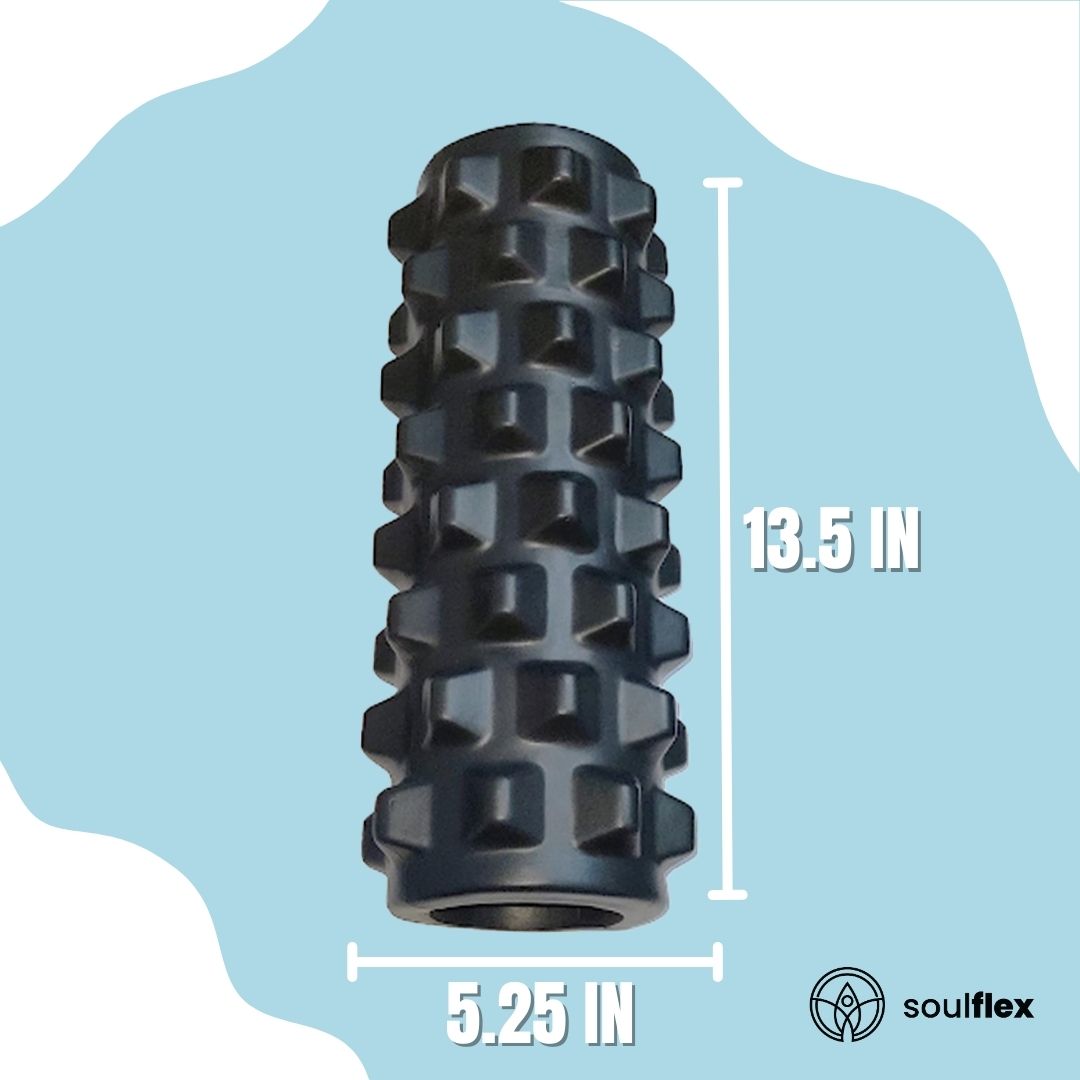 Soulflex EVA Foam Roller in black, medium density massage roller designed for deep tissue massage and trigger point release. Effective fitness roller for pain relief, muscle recovery, and acupressure therapy. Suitable for men and women, perfect for post-exercise recovery, improving flexibility, and relieving muscle tension. Durable and portable for use in home workouts or at the gym.