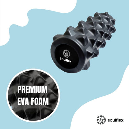 Soulflex EVA Foam Roller in black, medium density massage roller designed for deep tissue massage and trigger point release. Effective fitness roller for pain relief, muscle recovery, and acupressure therapy. Suitable for men and women, perfect for post-exercise recovery, improving flexibility, and relieving muscle tension. Durable and portable for use in home workouts or at the gym.