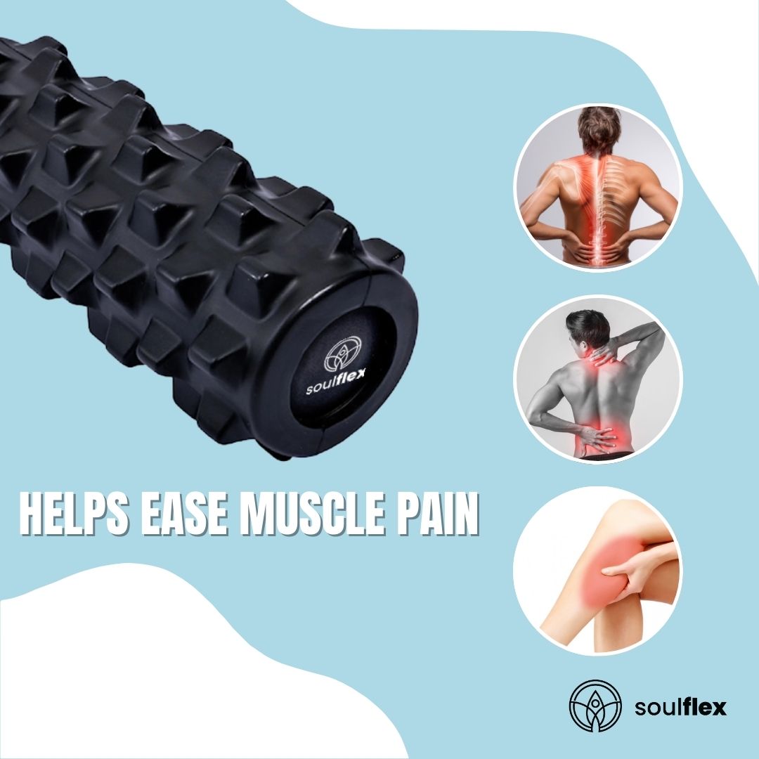 Soulflex EVA Foam Roller in black, medium density massage roller designed for deep tissue massage and trigger point release. Effective fitness roller for pain relief, muscle recovery, and acupressure therapy. Suitable for men and women, perfect for post-exercise recovery, improving flexibility, and relieving muscle tension. Durable and portable for use in home workouts or at the gym.