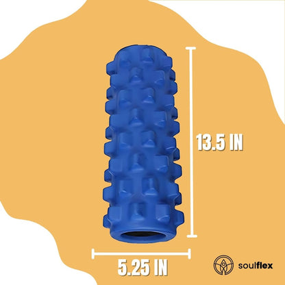 Soulflex EVA Foam Roller in blue, medium density massage roller designed for deep tissue massage and trigger point release. Ideal fitness roller for pain relief, muscle recovery, and acupressure therapy. Suitable for men and women, perfect for post-workout recovery, enhancing flexibility, and easing muscle tension. Durable and lightweight for use at home or the gym.