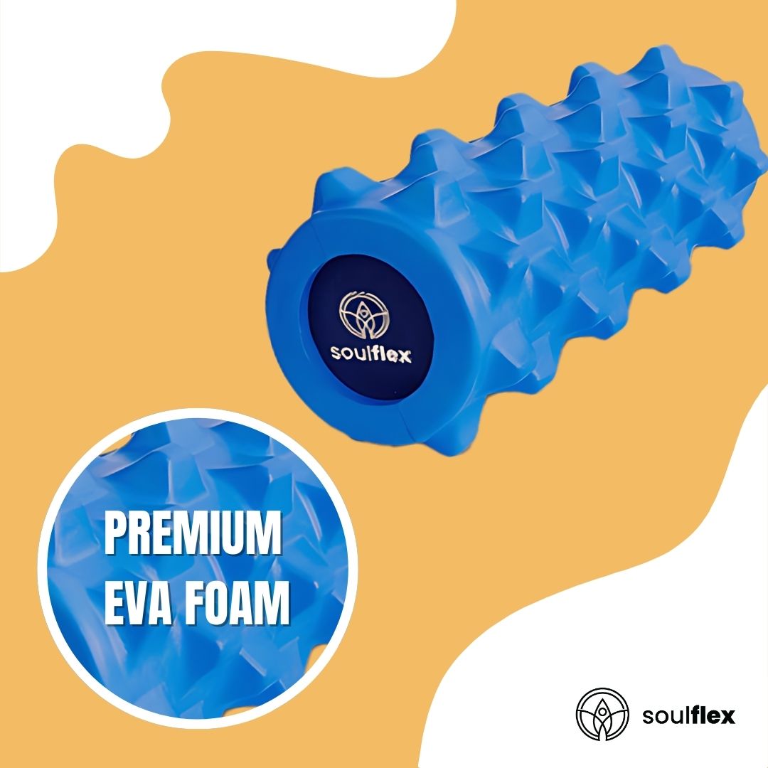 Soulflex EVA Foam Roller in blue, medium density massage roller designed for deep tissue massage and trigger point release. Ideal fitness roller for pain relief, muscle recovery, and acupressure therapy. Suitable for men and women, perfect for post-workout recovery, enhancing flexibility, and easing muscle tension. Durable and lightweight for use at home or the gym.