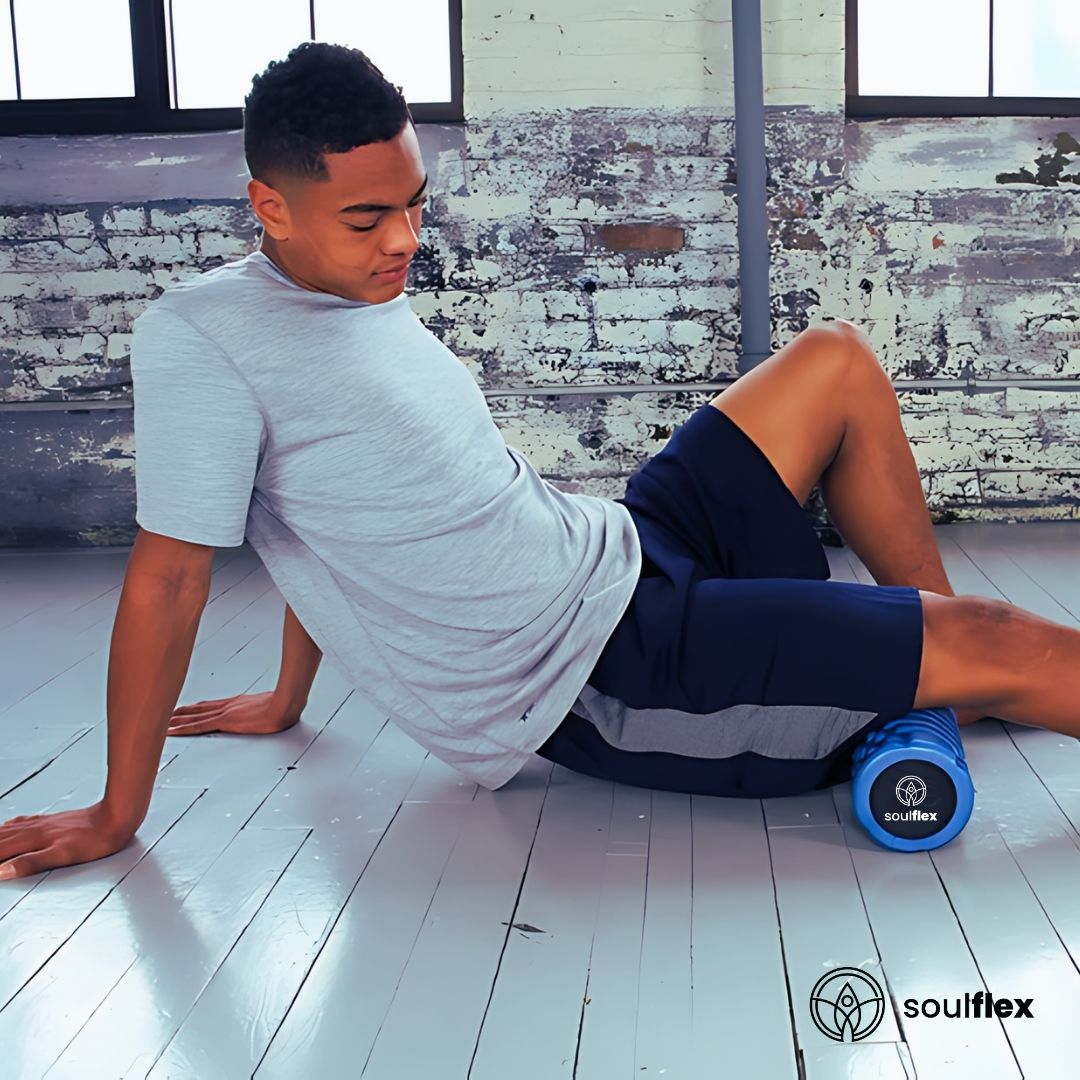 Soulflex EVA Foam Roller in blue, medium density massage roller designed for deep tissue massage and trigger point release. Ideal fitness roller for pain relief, muscle recovery, and acupressure therapy. Suitable for men and women, perfect for post-workout recovery, enhancing flexibility, and easing muscle tension. Durable and lightweight for use at home or the gym.