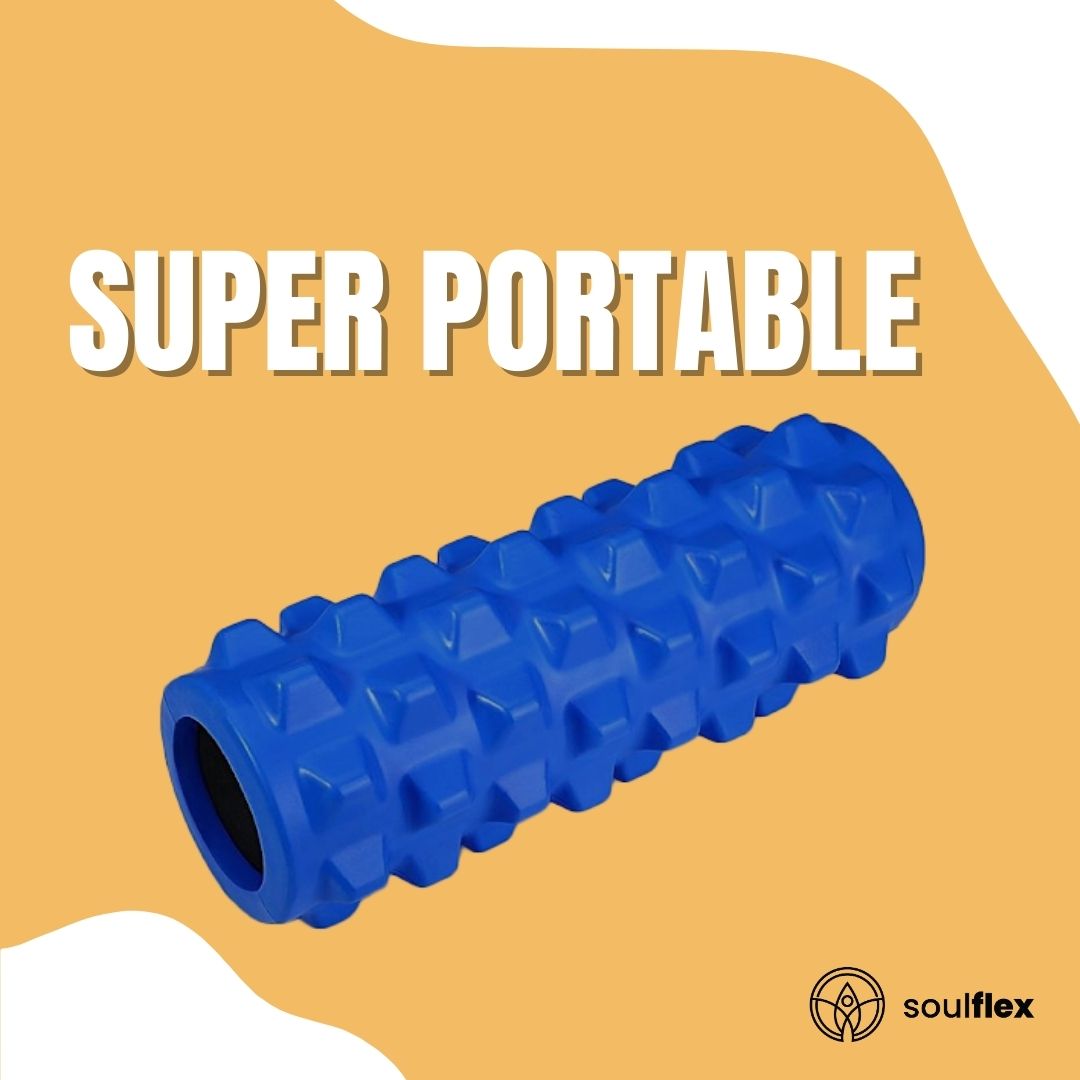 Soulflex EVA Foam Roller in blue, medium density massage roller designed for deep tissue massage and trigger point release. Ideal fitness roller for pain relief, muscle recovery, and acupressure therapy. Suitable for men and women, perfect for post-workout recovery, enhancing flexibility, and easing muscle tension. Durable and lightweight for use at home or the gym.