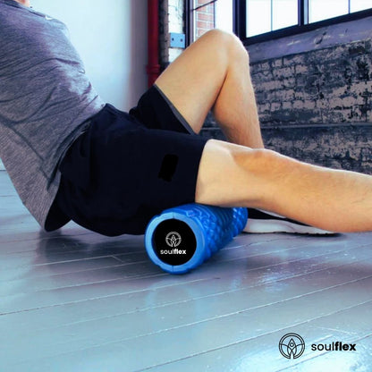 Soulflex EVA Foam Roller in blue, medium density massage roller designed for deep tissue massage and trigger point release. Ideal fitness roller for pain relief, muscle recovery, and acupressure therapy. Suitable for men and women, perfect for post-workout recovery, enhancing flexibility, and easing muscle tension. Durable and lightweight for use at home or the gym.