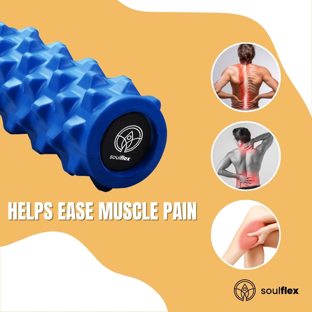 Soulflex EVA Foam Roller in blue, medium density massage roller designed for deep tissue massage and trigger point release. Ideal fitness roller for pain relief, muscle recovery, and acupressure therapy. Suitable for men and women, perfect for post-workout recovery, enhancing flexibility, and easing muscle tension. Durable and lightweight for use at home or the gym.