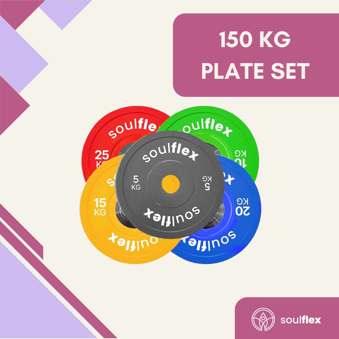 Soulflex Premium Bumper Plates Set for Home & Gym Use, Rubber Weight Plates for Weightlifting, CrossFit & General Fitness, Olympic Rubber Bumper Plates with 50mm Collar Opening, Steel Disc, Raised Flanges, Premium Quality Weight Plates.