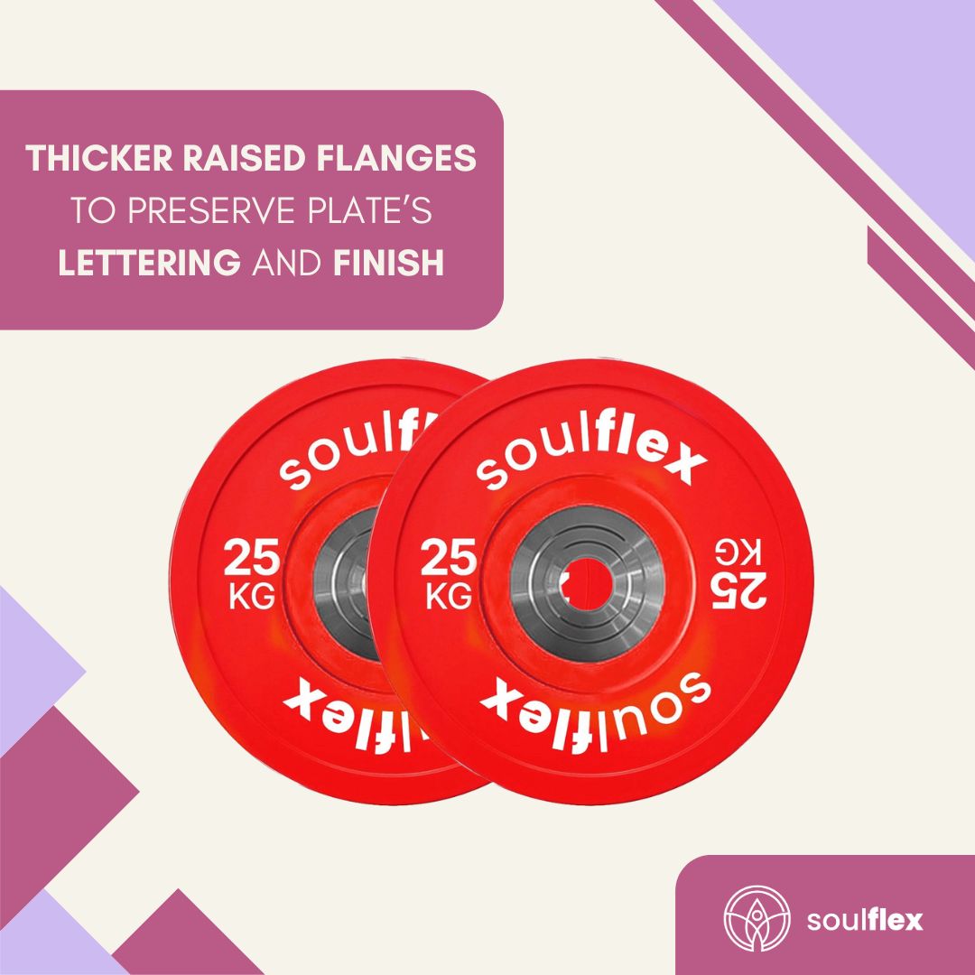 Soulflex Premium Bumper Plates Set for Home & Gym Use, Rubber Weight Plates for Weightlifting, CrossFit & General Fitness, Olympic Rubber Bumper Plates with 50mm Collar Opening, Steel Disc, Raised Flanges, Premium Quality Weight Plates.