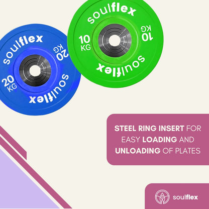 Soulflex Premium Bumper Plates Set for Home & Gym Use, Rubber Weight Plates for Weightlifting, CrossFit & General Fitness, Olympic Rubber Bumper Plates with 50mm Collar Opening, Steel Disc, Raised Flanges, Premium Quality Weight Plates.