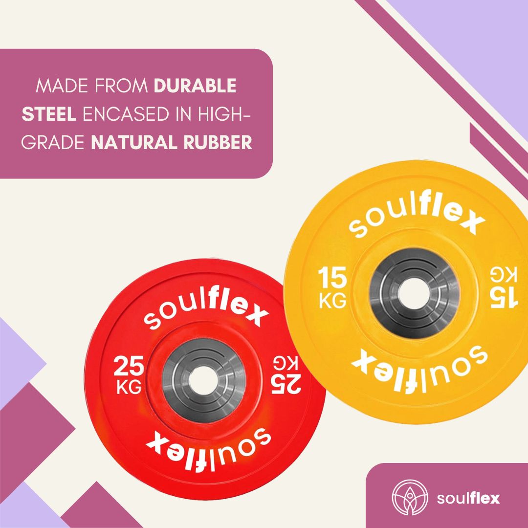 Soulflex Premium Bumper Plates Set for Home & Gym Use, Rubber Weight Plates for Weightlifting, CrossFit & General Fitness, Olympic Rubber Bumper Plates with 50mm Collar Opening, Steel Disc, Raised Flanges, Premium Quality Weight Plates.