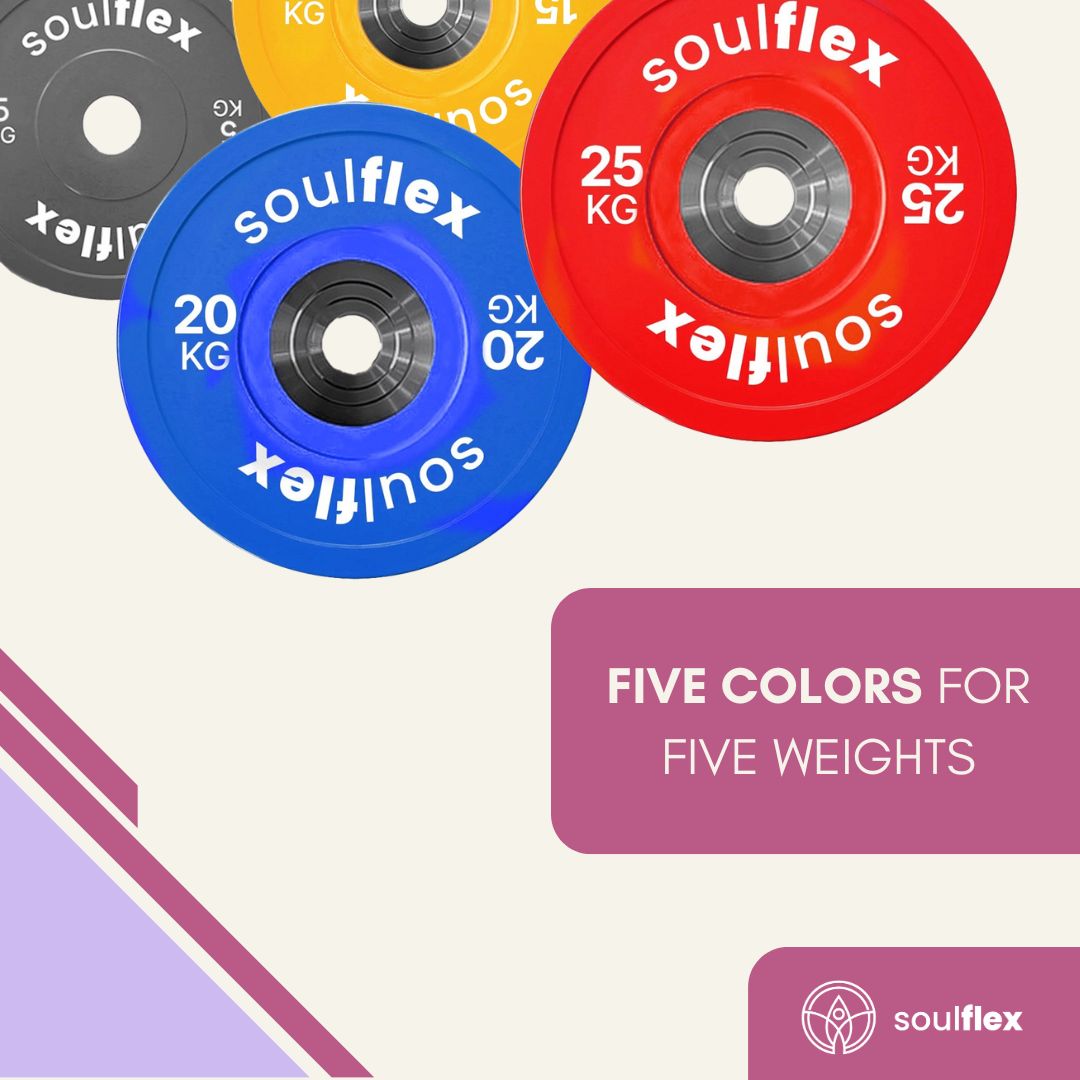 Soulflex Premium Bumper Plates Set for Home & Gym Use, Rubber Weight Plates for Weightlifting, CrossFit & General Fitness, Olympic Rubber Bumper Plates with 50mm Collar Opening, Steel Disc, Raised Flanges, Premium Quality Weight Plates.