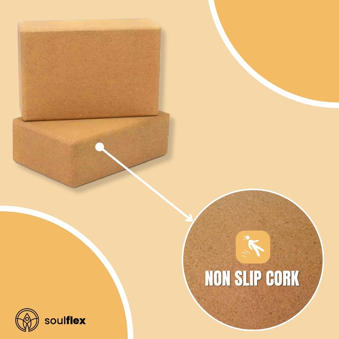 Soulflex High-Density Cork Yoga Block, premium single piece yoga brick designed for men and women. Ideal yoga accessory to improve posture, balance, and performance during asanas. Measures 3x6x9 inches, providing sturdy support for various yoga poses. Durable, eco-friendly cork construction ensures long-lasting use in home and studio workouts.