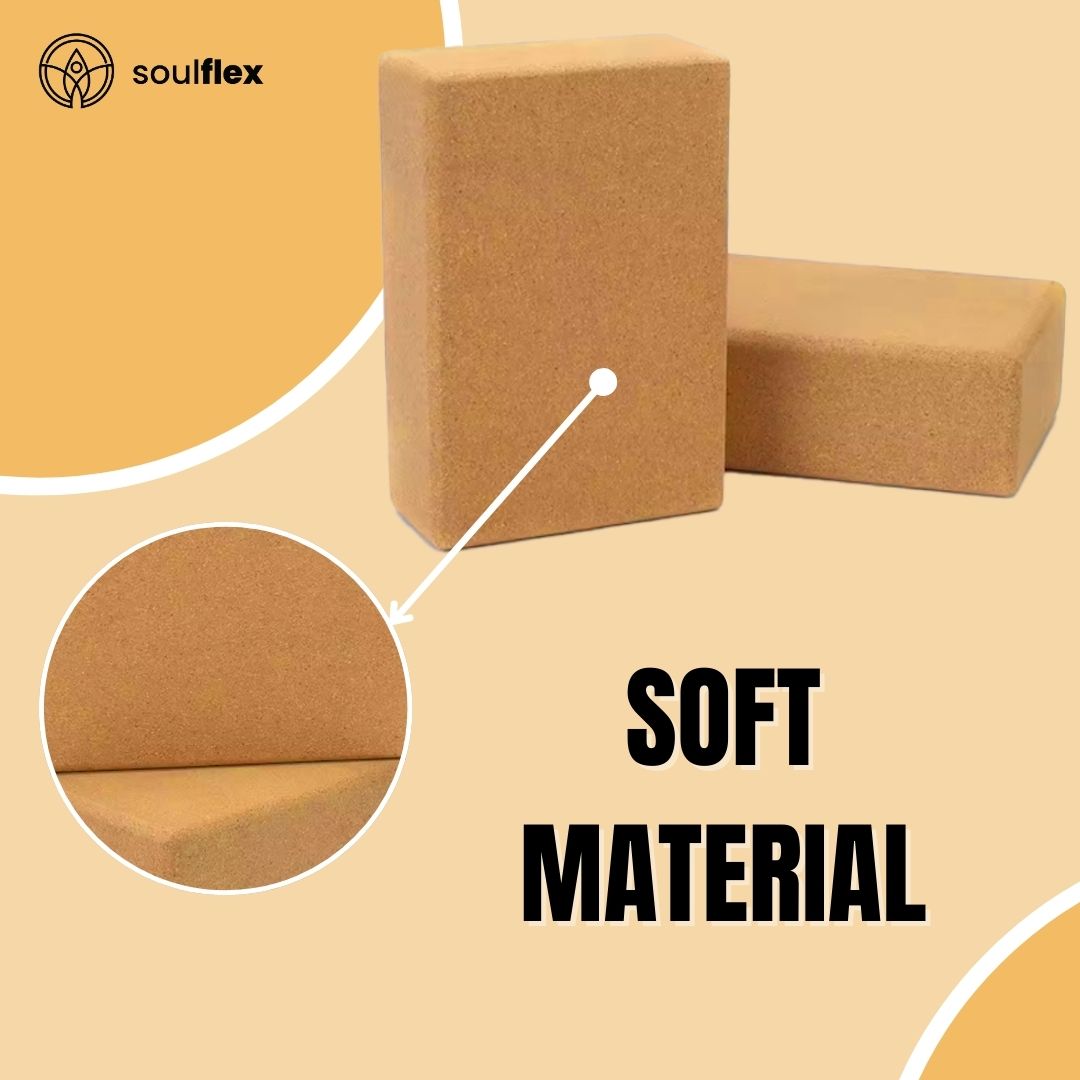 Soulflex High-Density Cork Yoga Block, premium single piece yoga brick designed for men and women. Ideal yoga accessory to improve posture, balance, and performance during asanas. Measures 3x6x9 inches, providing sturdy support for various yoga poses. Durable, eco-friendly cork construction ensures long-lasting use in home and studio workouts.