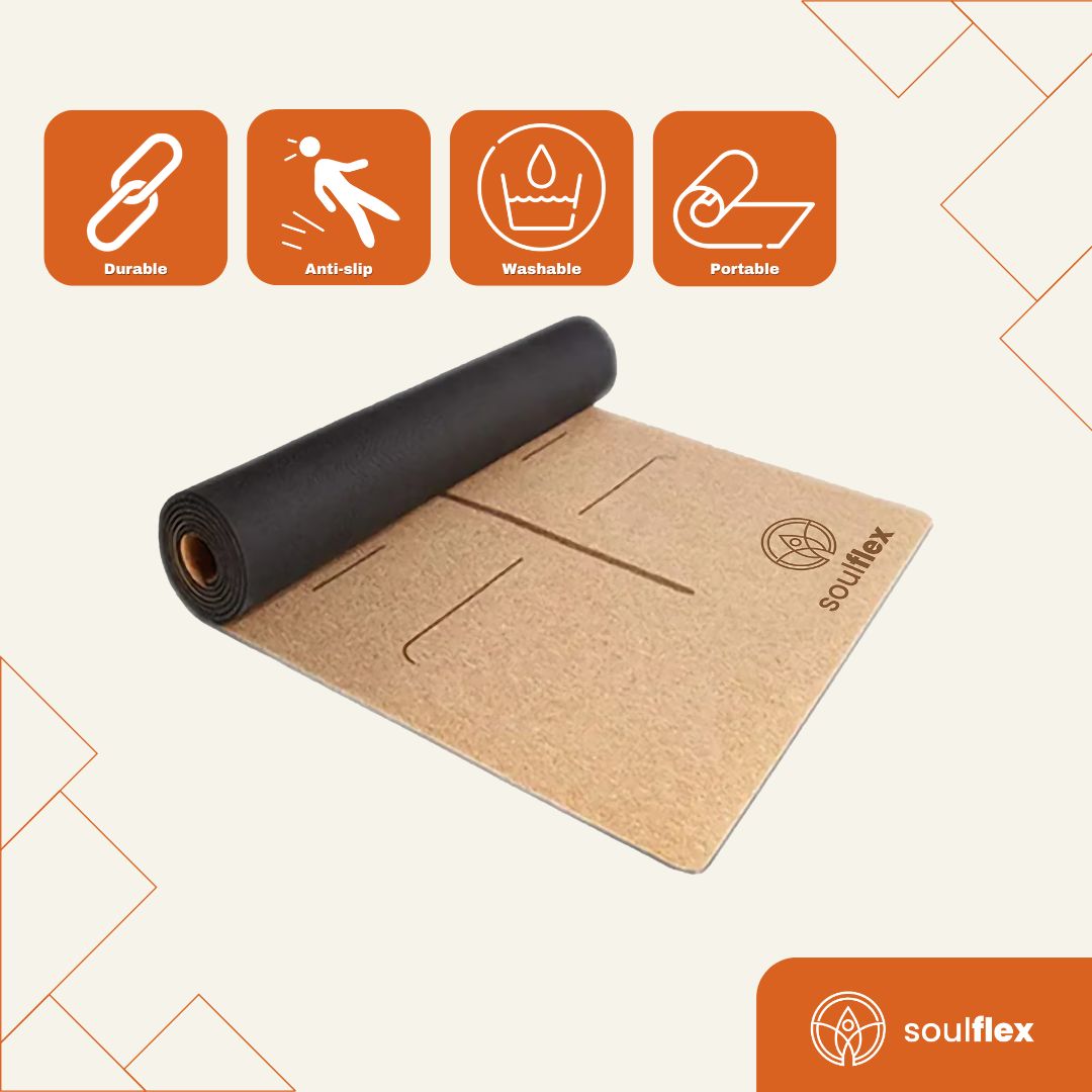 Soulflex Cork Yoga Mat for home and gym use, featuring 6mm thickness and 6ft length. Non-toxic, non-slip cork exercise mat ideal for yoga, Pilates, exercise, and gymnastics. Natural, odor-free, and eco-friendly, suitable for both men and women. Offers a comfortable, stable surface for various workouts and activities.