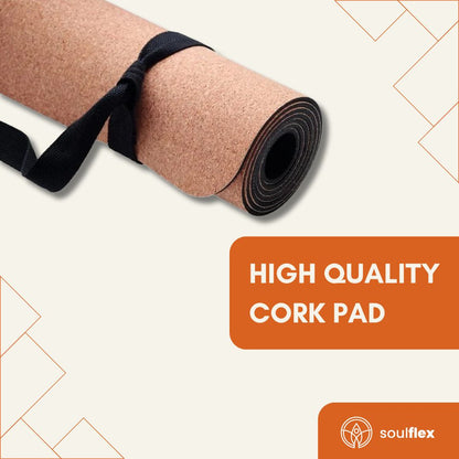 Soulflex Cork Yoga Mat for home and gym use, featuring 6mm thickness and 6ft length. Non-toxic, non-slip cork exercise mat ideal for yoga, Pilates, exercise, and gymnastics. Natural, odor-free, and eco-friendly, suitable for both men and women. Offers a comfortable, stable surface for various workouts and activities.