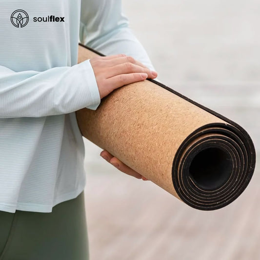 Soulflex Cork Yoga Mat for home and gym use, featuring 6mm thickness and 6ft length. Non-toxic, non-slip cork exercise mat ideal for yoga, Pilates, exercise, and gymnastics. Natural, odor-free, and eco-friendly, suitable for both men and women. Offers a comfortable, stable surface for various workouts and activities.