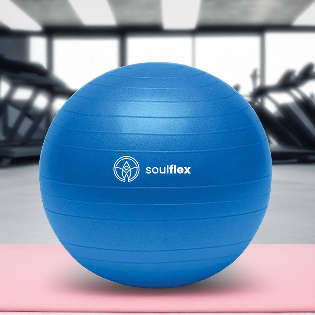 Soulflex Anti-Burst Gym Ball for men and women, 75cm fitness ball with extra-thick, burst-proof construction. Exercise ball with non-slip surface for balance and stability. Versatile uses include as a birthing ball, balance ball, or ball chair. Made from premium, eco-friendly materials for durability and safety in home and gym workouts. Includes foot pump for easy inflation.