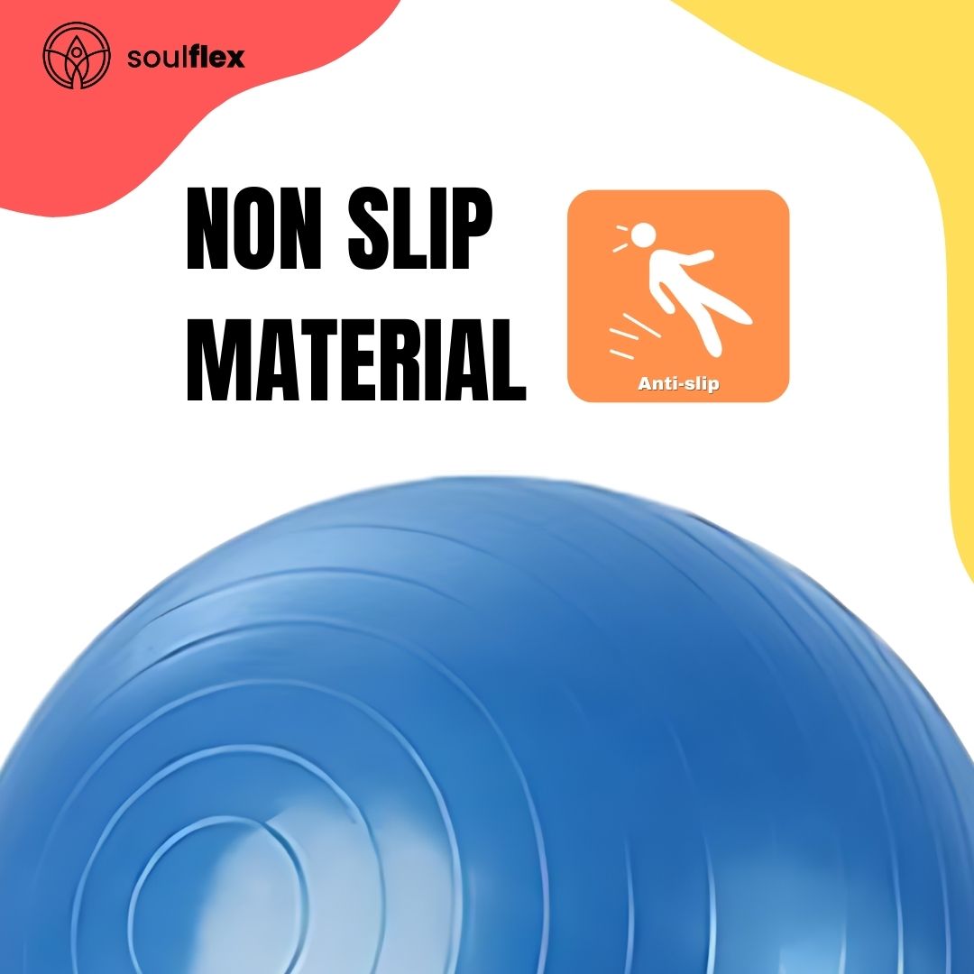 Soulflex Anti-Burst Gym Ball for men and women, 75cm fitness ball with extra-thick, burst-proof construction. Exercise ball with non-slip surface for balance and stability. Versatile uses include as a birthing ball, balance ball, or ball chair. Made from premium, eco-friendly materials for durability and safety in home and gym workouts. Includes foot pump for easy inflation.