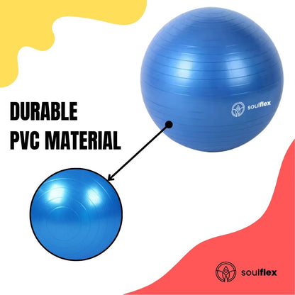 Soulflex Anti-Burst Gym Ball for men and women, 75cm fitness ball with extra-thick, burst-proof construction. Exercise ball with non-slip surface for balance and stability. Versatile uses include as a birthing ball, balance ball, or ball chair. Made from premium, eco-friendly materials for durability and safety in home and gym workouts. Includes foot pump for easy inflation.