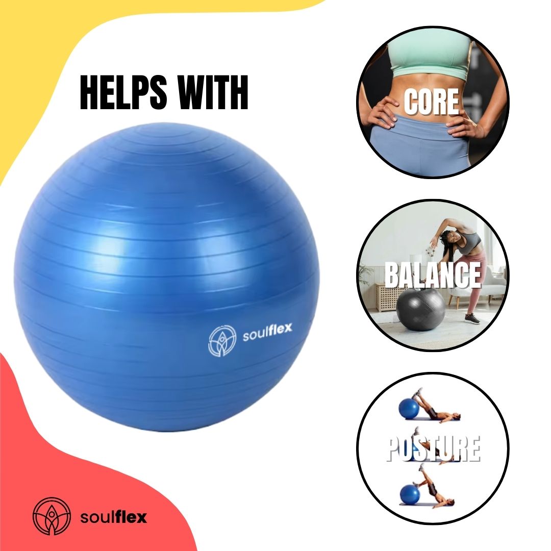 Soulflex Anti-Burst Gym Ball for men and women, 75cm fitness ball with extra-thick, burst-proof construction. Exercise ball with non-slip surface for balance and stability. Versatile uses include as a birthing ball, balance ball, or ball chair. Made from premium, eco-friendly materials for durability and safety in home and gym workouts. Includes foot pump for easy inflation.