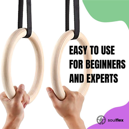 Soulflex Gymnastic Rings for bodyweight exercises, calisthenics fitness equipment for men, women, and children. Roman rings for home and gym workouts, featuring heavy-duty straps and premium wood for durability and performance.