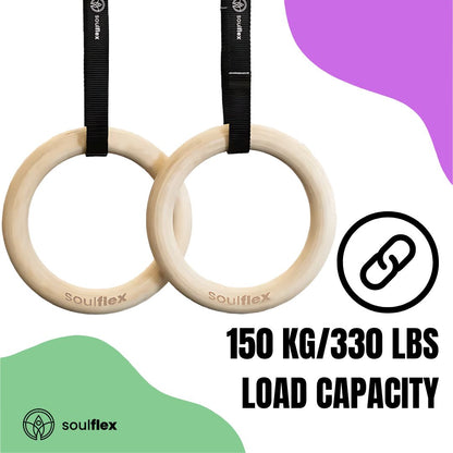 Soulflex Gymnastic Rings for bodyweight exercises, calisthenics fitness equipment for men, women, and children. Roman rings for home and gym workouts, featuring heavy-duty straps and premium wood for durability and performance.