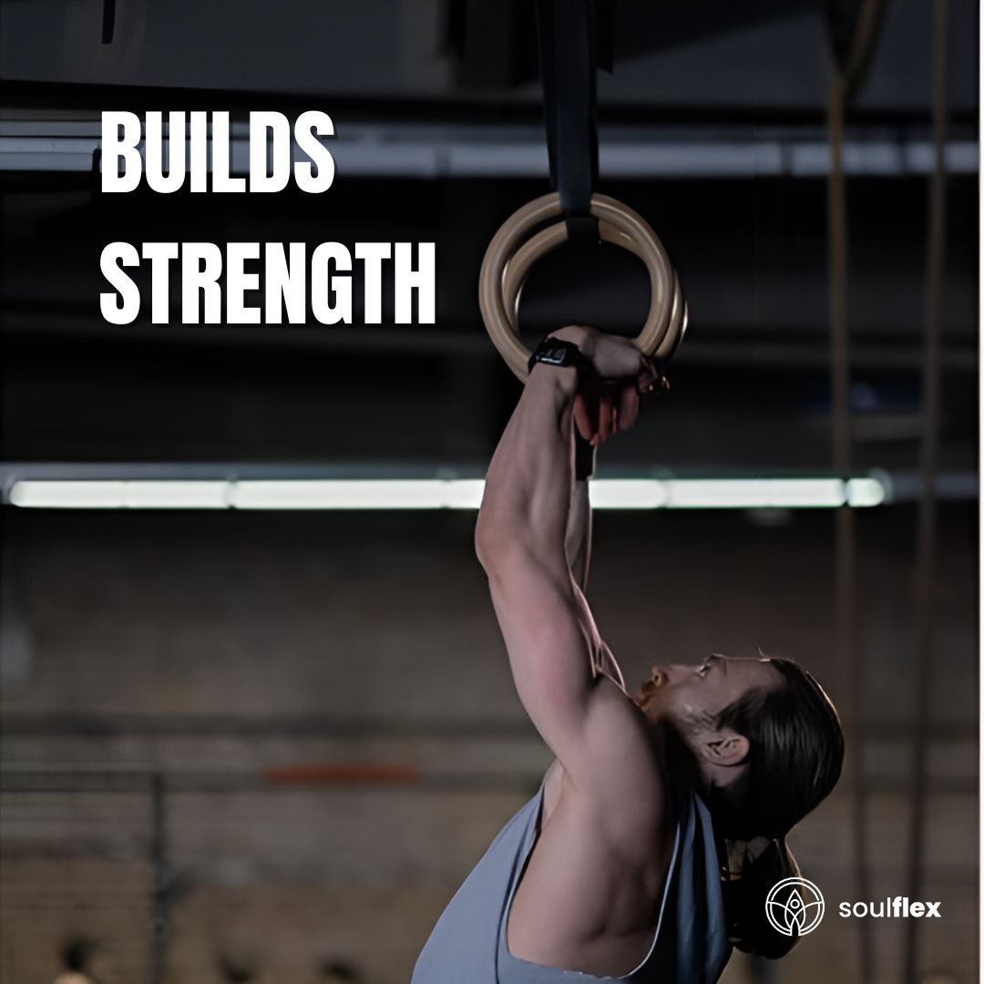 Soulflex Gymnastic Rings for bodyweight exercises, calisthenics fitness equipment for men, women, and children. Roman rings for home and gym workouts, featuring heavy-duty straps and premium wood for durability and performance.